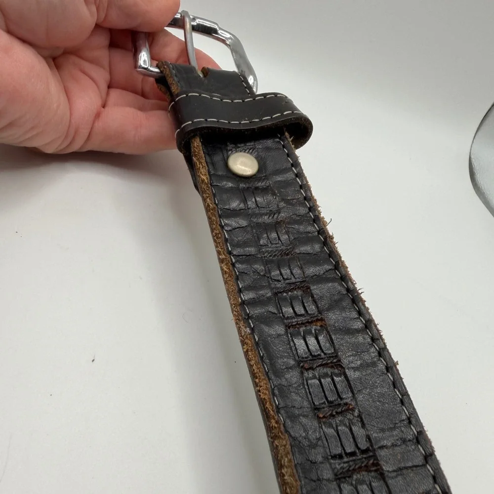 Vintage Black Leather Embossed Belt Size 50 Distressed White Stitch Workwear